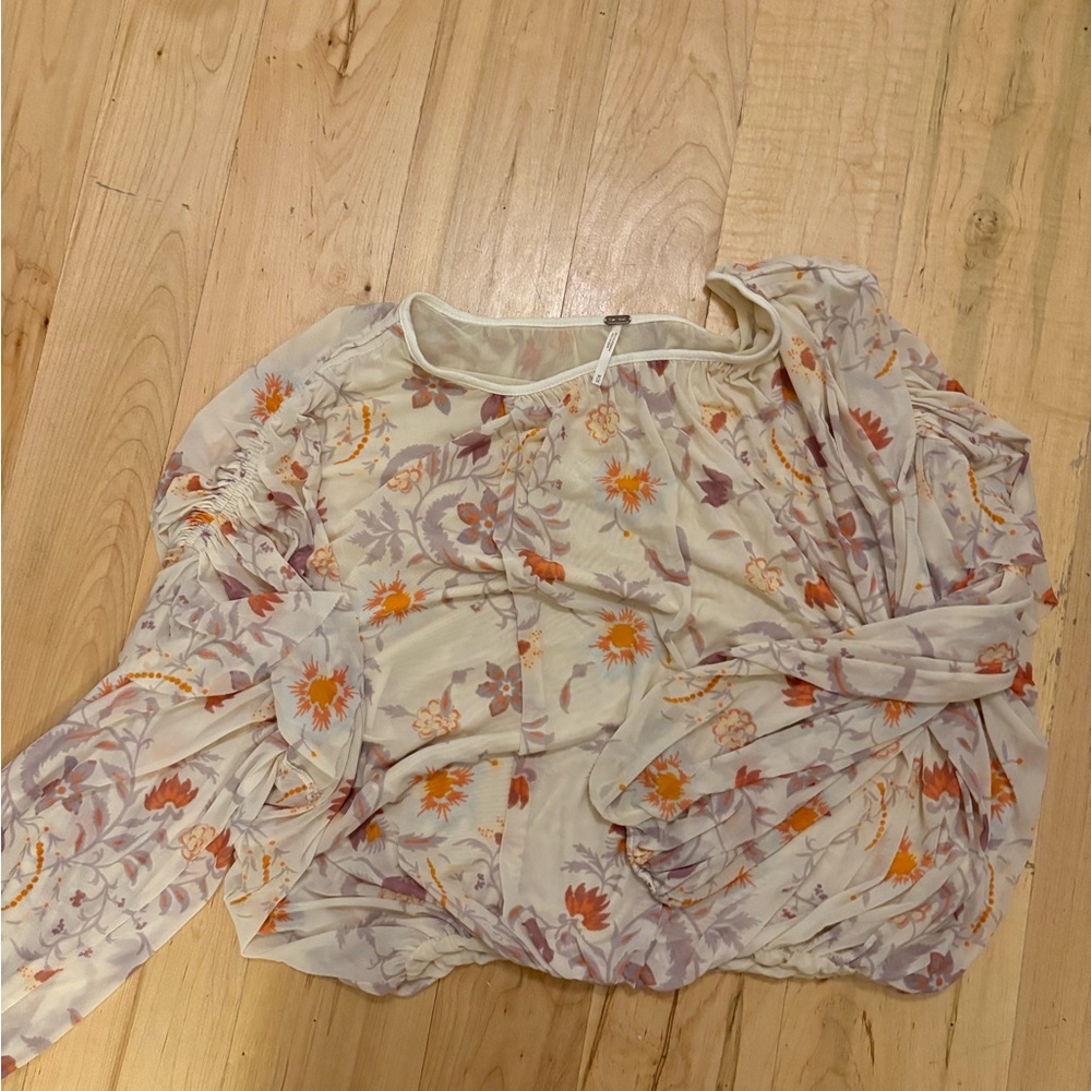 Free People Cream Sheer Floral Blouse with Orange & Lavender Print